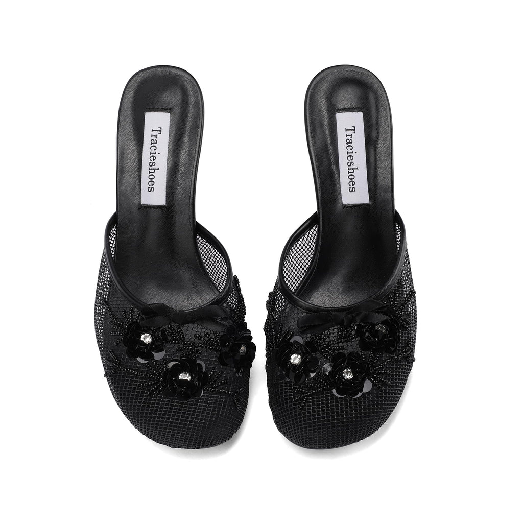 Tracieshoes Women's Mesh Mule Slip On Sandals With Floral Sequin Embellishments Round Toe Middle 2.5 Inch Heel Slides Slippers Black