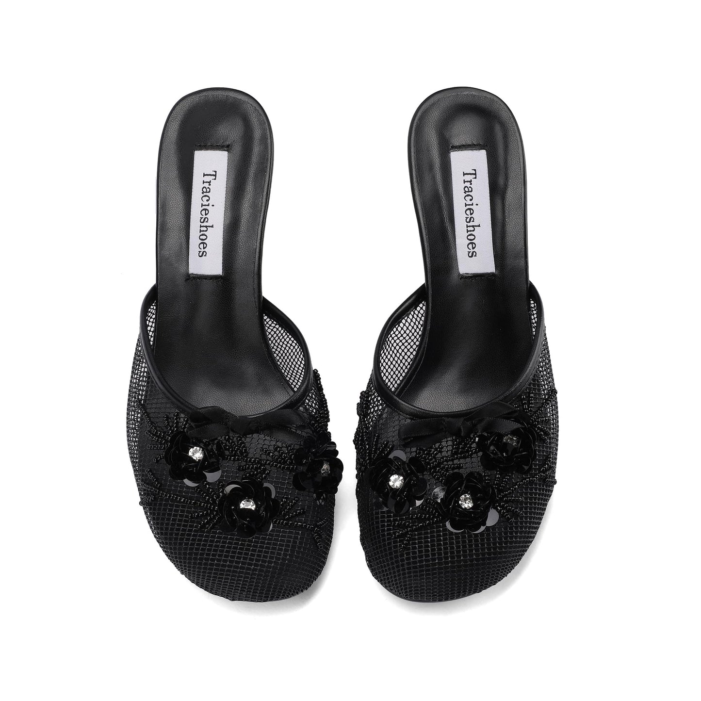 Tracieshoes Women's Mesh Mule Slip On Sandals With Floral Sequin Embellishments Round Toe Middle 2.5 Inch Heel Slides Slippers Black