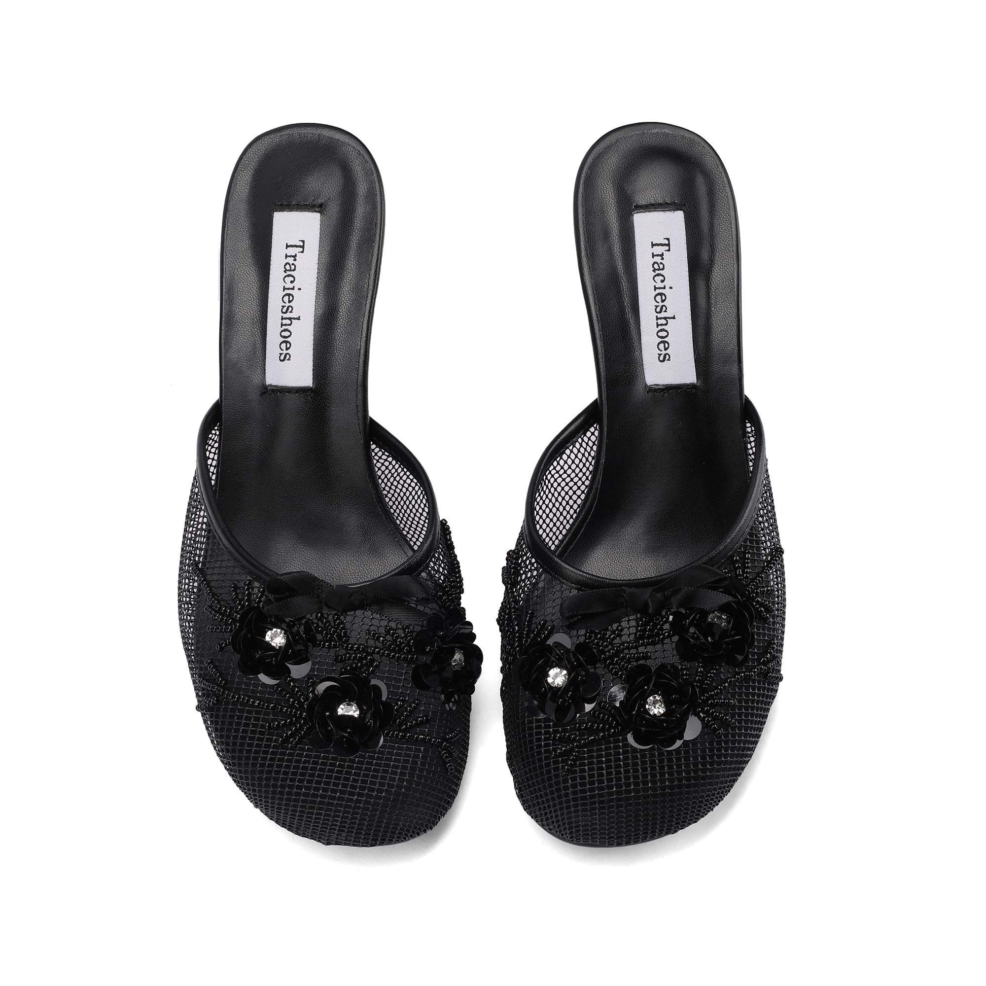 Tracieshoes Women's Mesh Mule Slip On Sandals With Floral Sequin Embellishments Round Toe Middle 2.5 Inch Heel Slides Slippers Black
