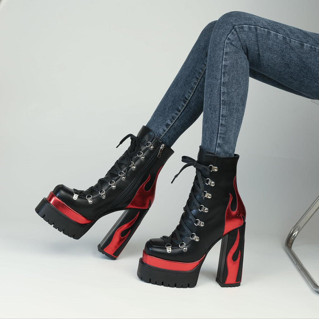 Black/Red HiColor women’s red flames Ankle Boots