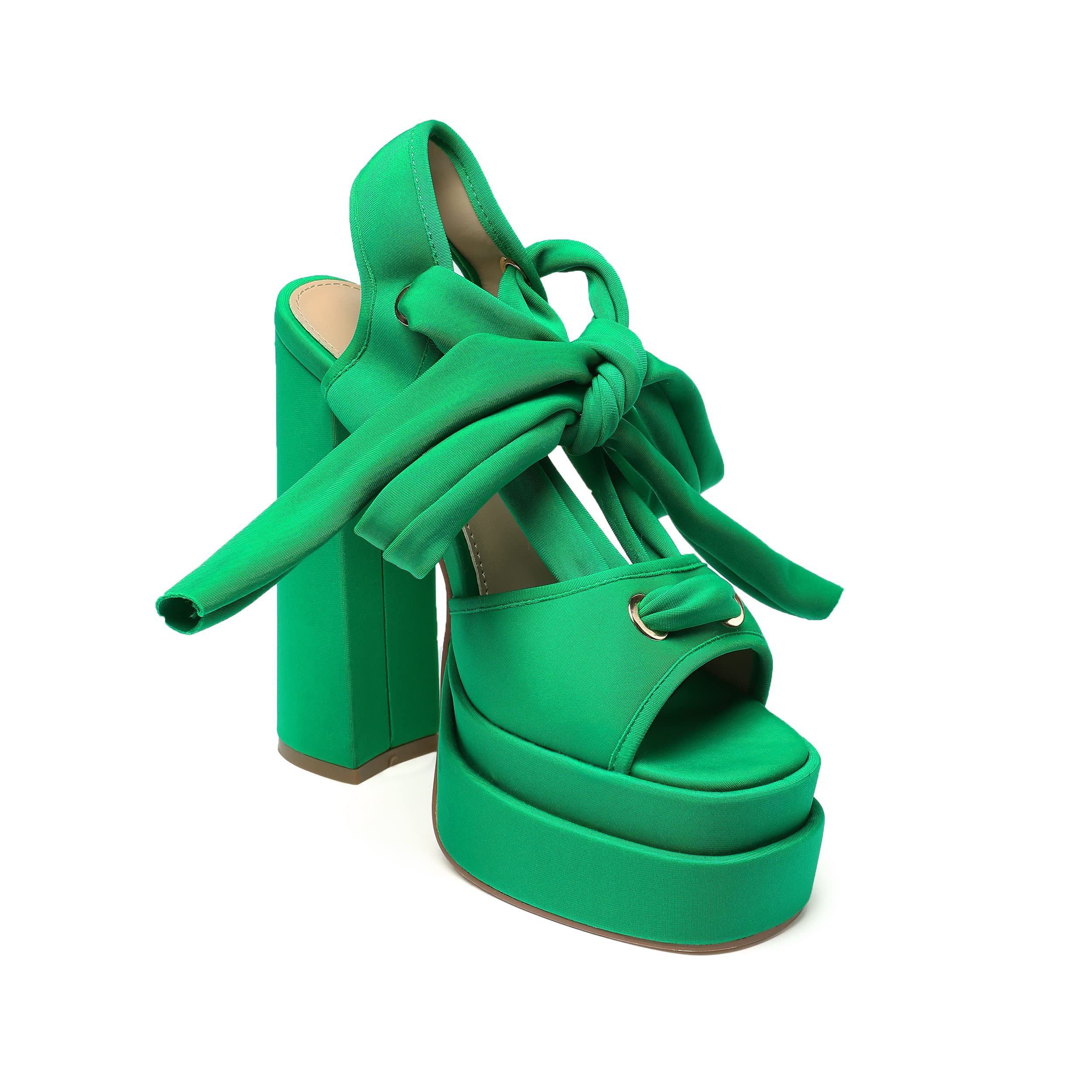 Green vivianly Lace Up Platform Ankle Strap Heeled Sandals Satin Square Toe Chunky Block High Heels for Women