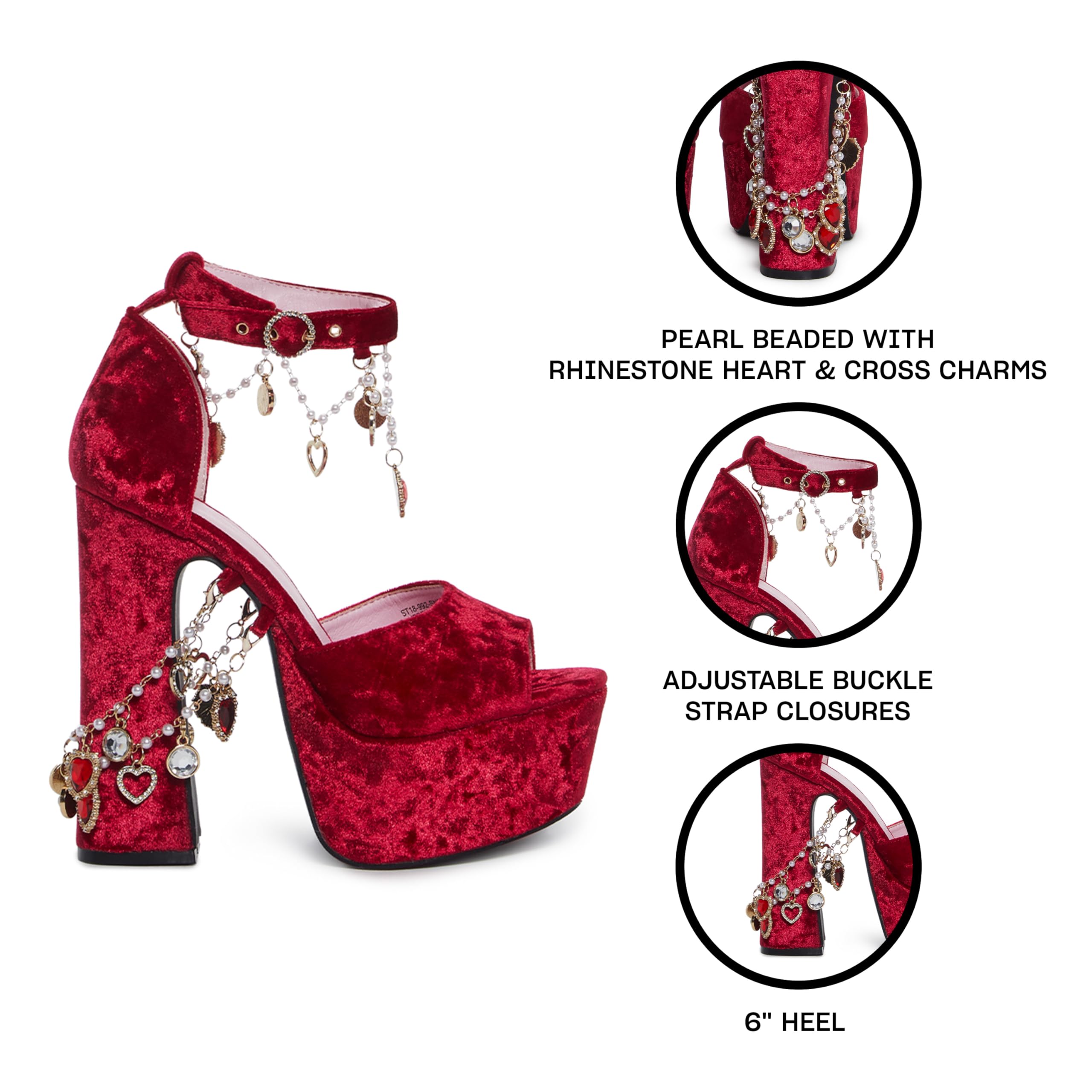 Dolls Kill Holy Revelation Platform Heels by Sugar Thrillz - Crushed Velvet Holiday Heels with Charms and Pom Pom Clips - Ruby, 10
