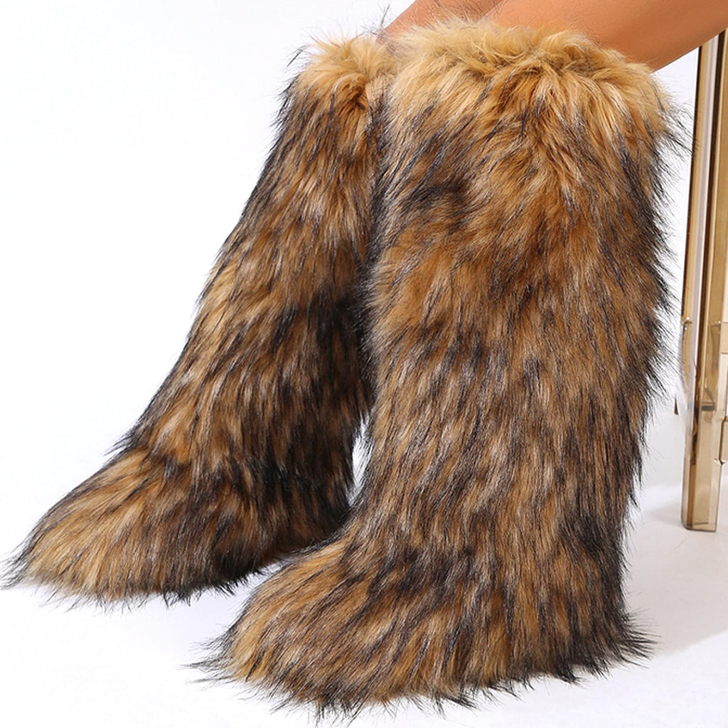 Valpeak Womens Faux Fur Boot Winter Fluffy Long Furry Boots for Girls Outdoor Fuzzy Knee-High Boots(Brown,
