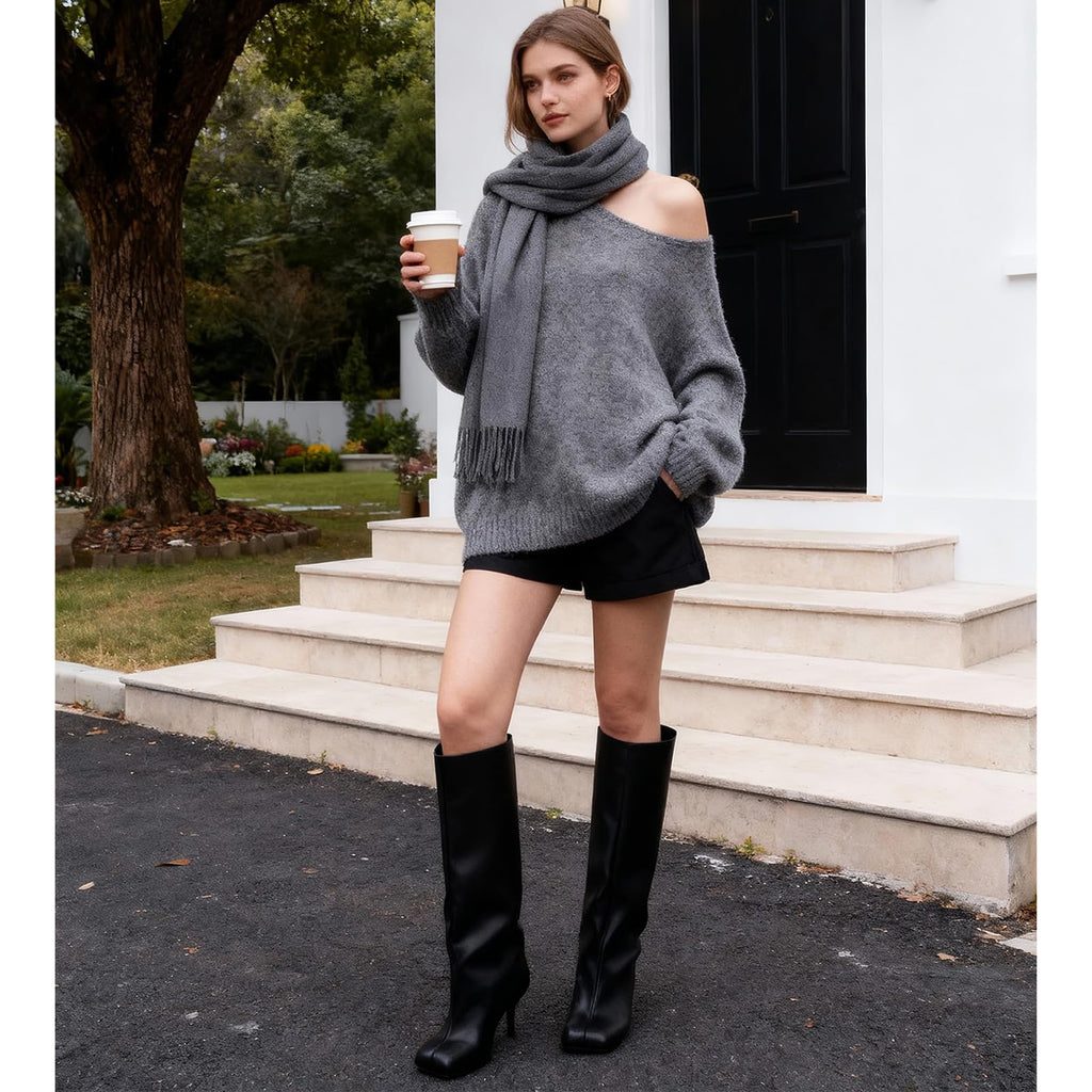 VOZTOLLS Black Knee High Boots for Women Square Toe Leather High Heel Tall Boots Stylish Casual Wide Calf Fall Boots Black