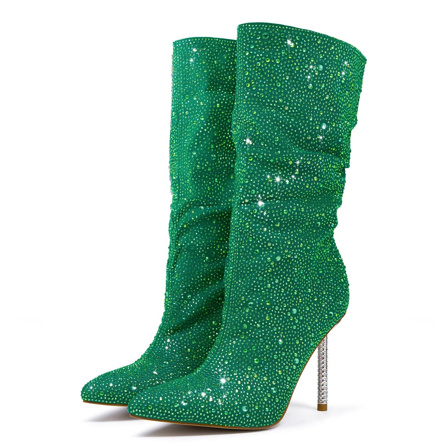 driceic Women's Green Mid Calf Boots sparkly Rhinestone Stiletto Heel Boots Western Wide Calf Short Cowboy Boots Sexy Pointed Toe dress Party Boots