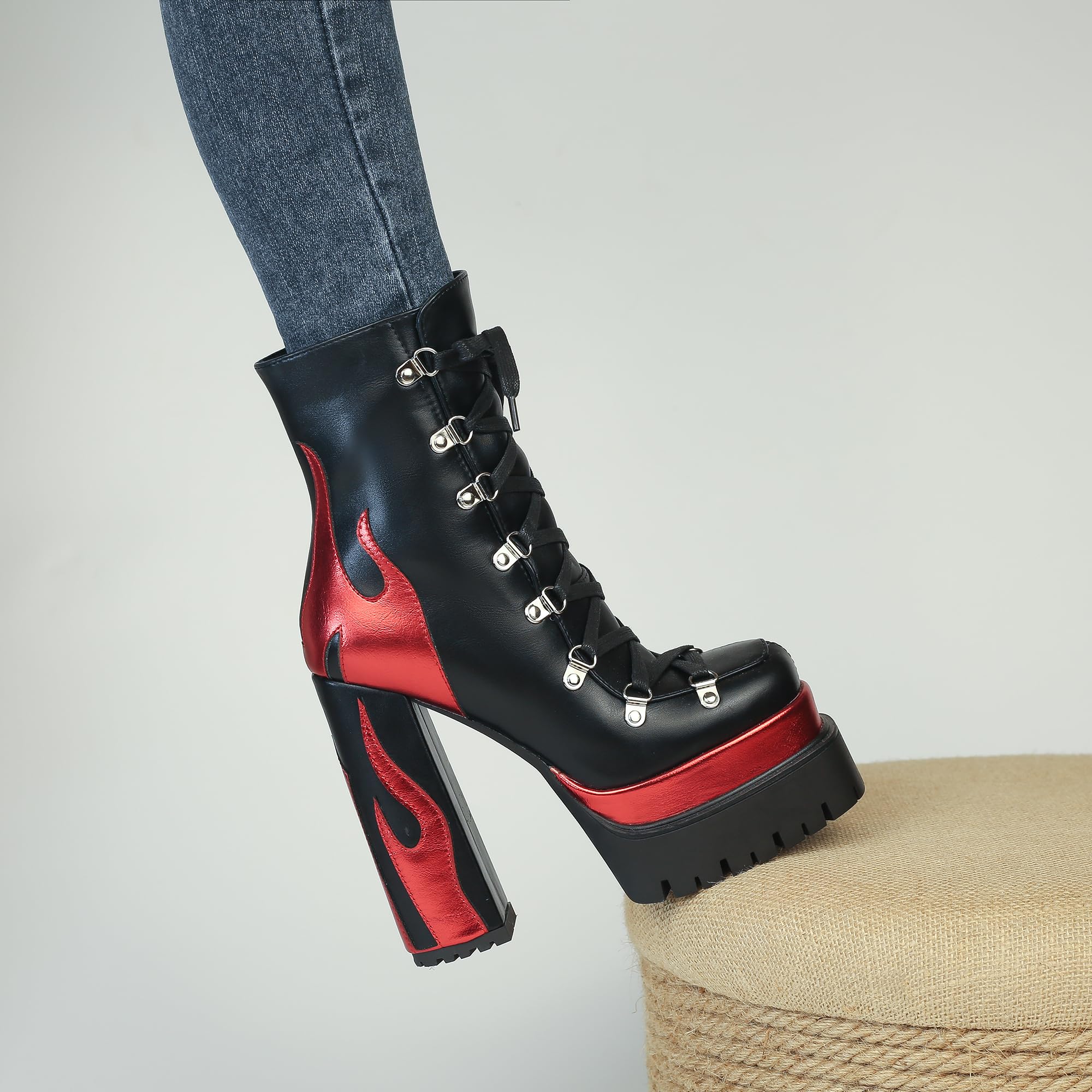 Black/Red HiColor women’s red flames Ankle Boots