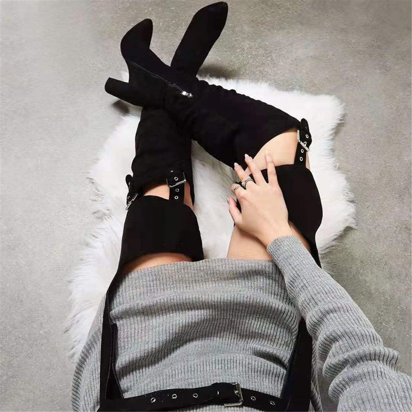 HiColor Women's Belted Pointed Toe high Boots Striking Buckle Strap Fashion thick Heel Thigh high Boot(Black US11)