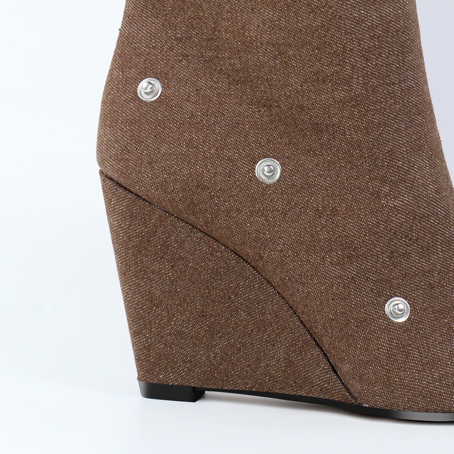 pinokino Wedge Heel Shark Boots for Women Knee High Foldover Ruched Scrunch Stiletto Heel Snap Buttons Pull on Slouchy Boots Denim Brown