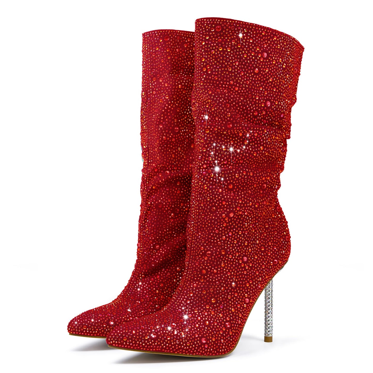 Women's Red Denim Mid Calf Boots sparkly Rhinestone Stiletto Heel Boots Western Wide Calf Short Cowboy Boots Sexy Pointed Toe dress Party Boots