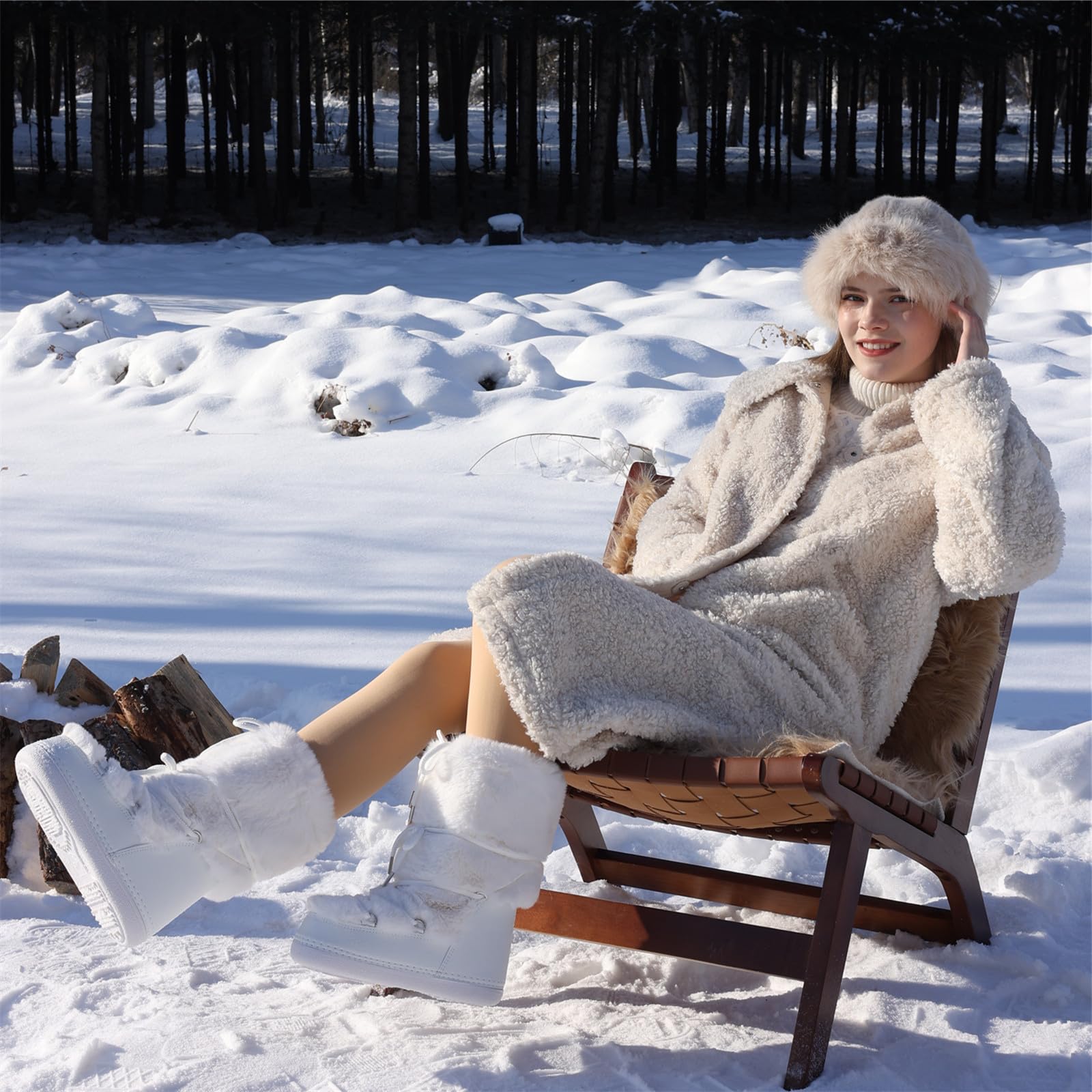 ZHENAIYISHENG Faux Fur Boots for Women - Fuzzy Fluffy Furry Water Resistant Snow Boots for Women - Anti-Slip with Cotton Sponge Lined and TPR Rubber Sole Black White Fur Boots