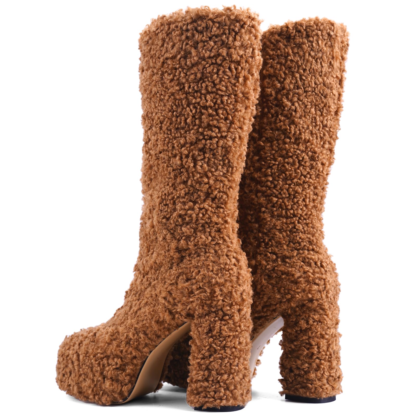 JilTrdWei Mid Calf Fluffy Furry Boots Warm Platform Chunky High Heel Pull On Boots Fashion Winter shoes-brown-6