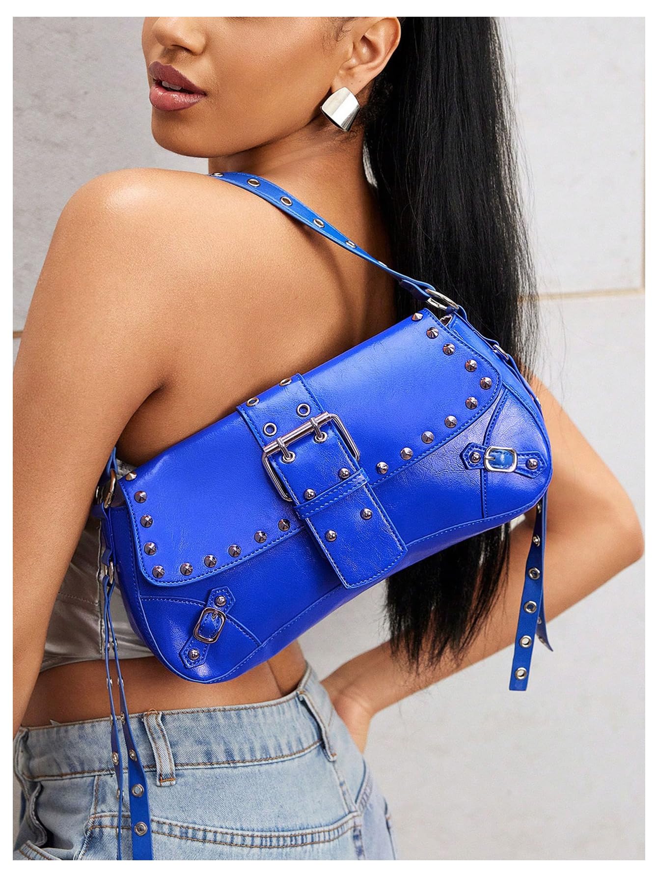 MakeMeChic Women's Shoulder Bags Y2K PU Leather Clutch Small Purse Bags Royal Blue One Size