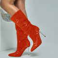 Women's Orange Denim Mid Calf Boots sparkly Rhinestone Stiletto Heel Boots Western Wide Calf Short Cowboy Boots Sexy Pointed Toe dress Party Boots