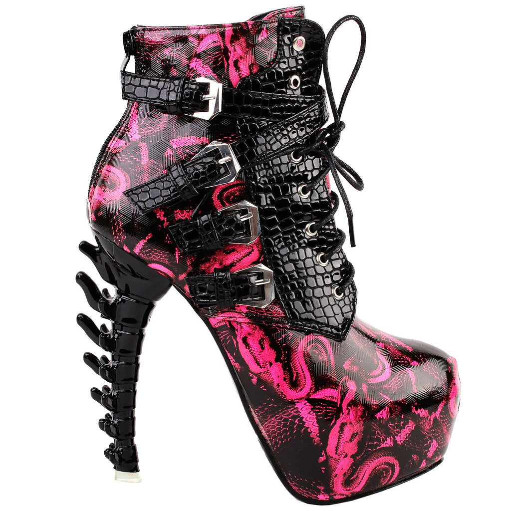 SHOW STORY Hot Pink Punk Design High Heels Snake Pattern Women's High-top Bone High Heel Platform Ankle Boots,LF80648HP41,10US,Hot Pink