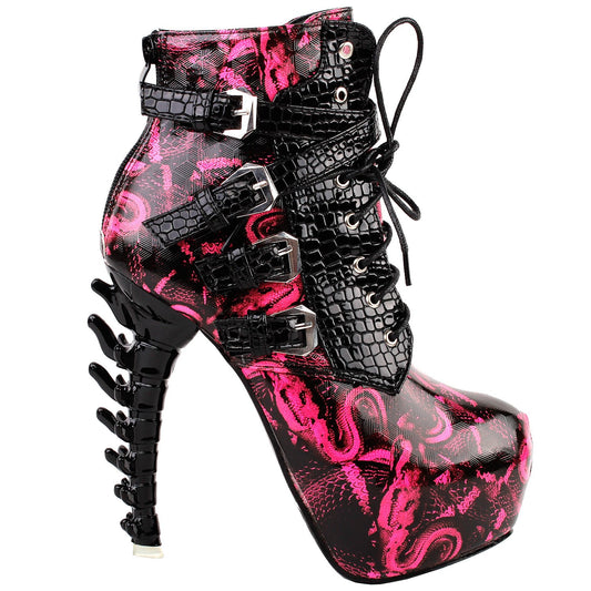 SHOW STORY Hot Pink Punk Design High Heels Snake Pattern Women's High-top Bone High Heel Platform Ankle Boots,LF80648HP41,10US,Hot Pink