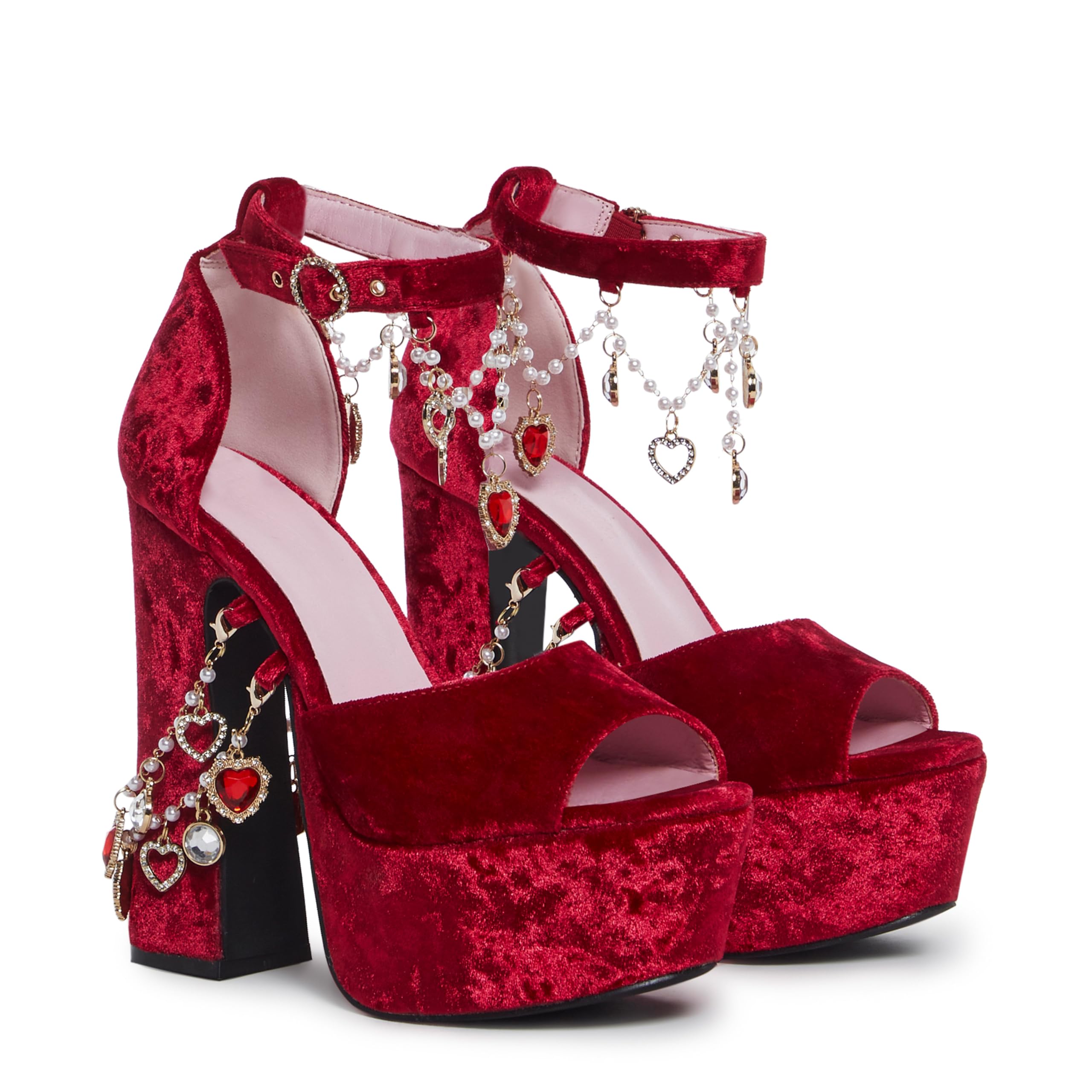 Dolls Kill Holy Revelation Platform Heels by Sugar Thrillz - Crushed Velvet Holiday Heels with Charms and Pom Pom Clips - Ruby, 10