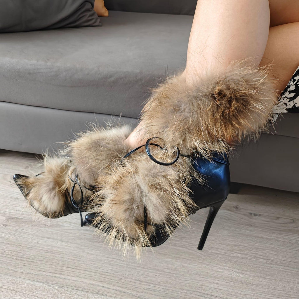 Maiosfy Furry Pointed Stiletto Heels with Straps Large Size Ankle Boots Heavy-Duty Soft Faux Fur Shoes Clubwear for Party Evening Footwear Unisex