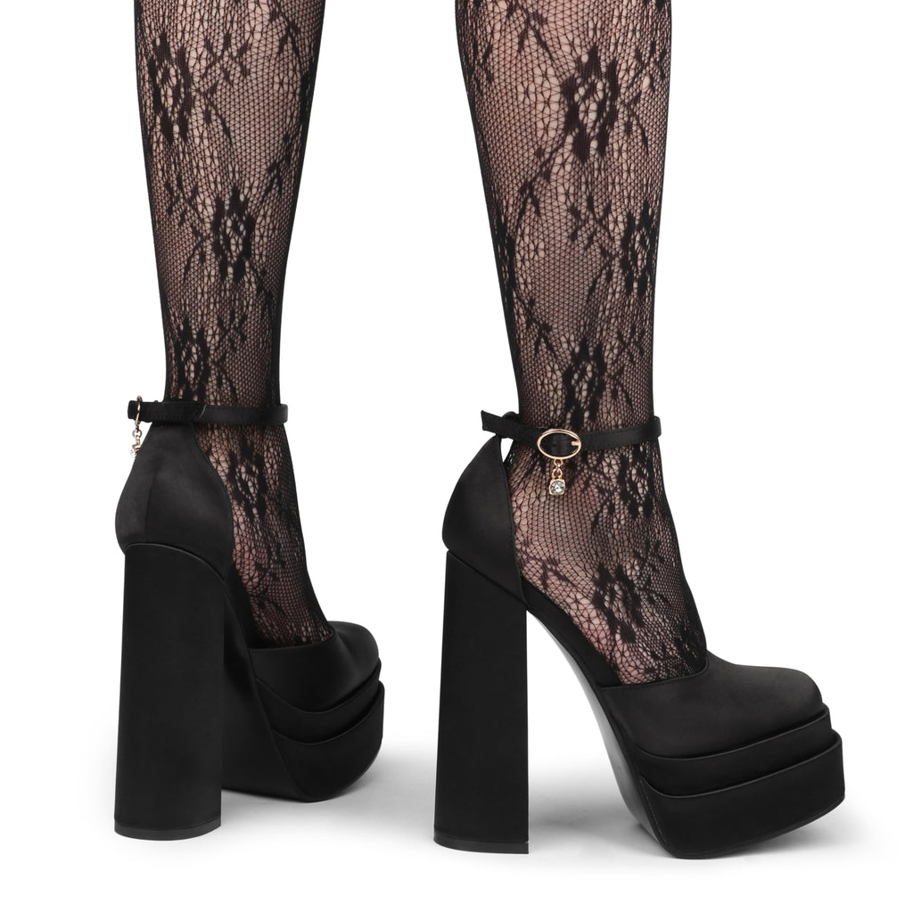 MERUMOTE Womens Sexy High Heels Platforms Pumps Square Toe Chunky Block Heels Rhinestone Party Shoes Black Satin