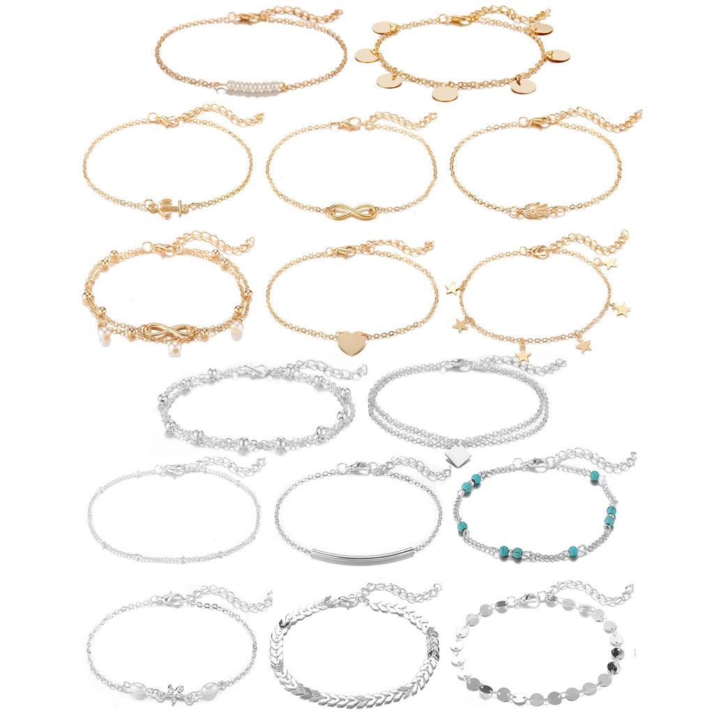 Softones 16Pcs Ankle Bracelets for Women Gold Silver Two Style Chain Beach Anklet Bracelet Jewelry Anklet Set,Adjustable Size