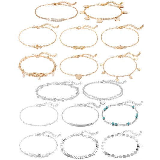 Softones 16Pcs Ankle Bracelets for Women Gold Silver Two Style Chain Beach Anklet Bracelet Jewelry Anklet Set,Adjustable Size