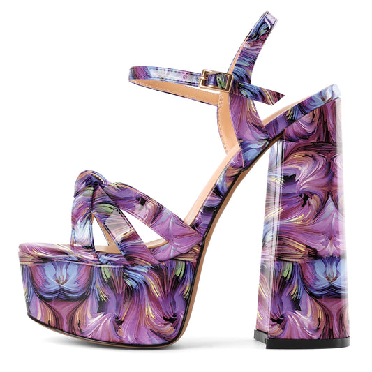 Mettesally Women's Platform Heels Chunky Heel Sandals High Heel Block Slingbacks Open Toe Ankle Strap Daily Party Pumps Shoes 6 Inches Floral Purple US Size 6
