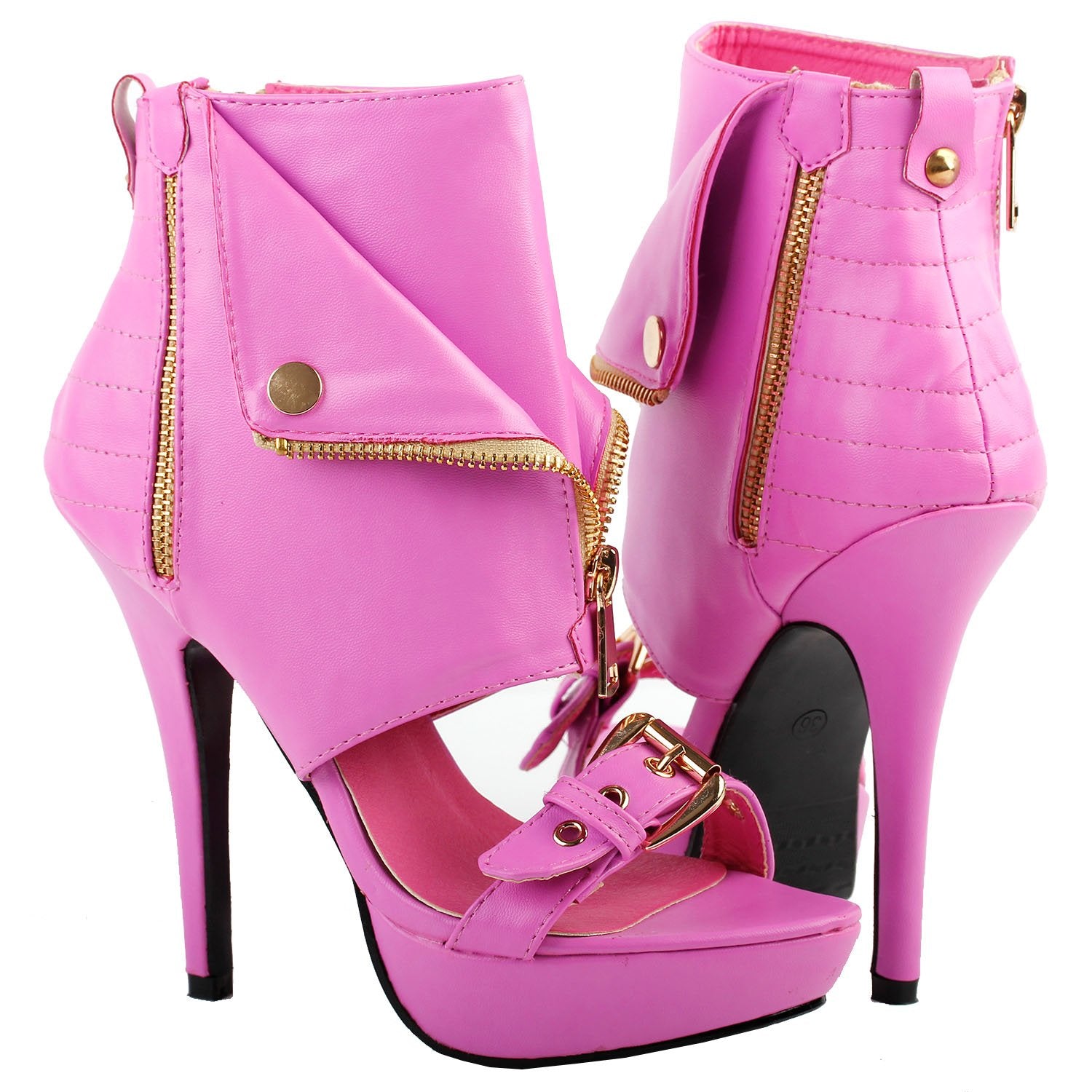 SHOW STORY Moto Pink Open Toe Gold Zip Strappy Stiletto High Heel Dress Sandals Gladiator High Heel Stiletto Platform Ankle Bootie Sandals,LF30103HP41,10US,Pink