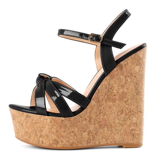 YODEKS High Heels Sandals for Women Wedge Wooden Heel Platform Open Toe Ankle Strap Fashion Comfort Black Sandals 9.5 M US