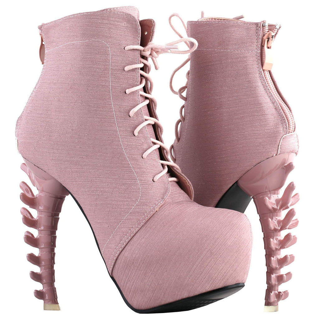 SHOW STORY Punk Design Glitter High Heels Baby Pink Women's High-top Bone High Heel Platform Ankle Boots,LF80647PK40,9US,Baby Pink