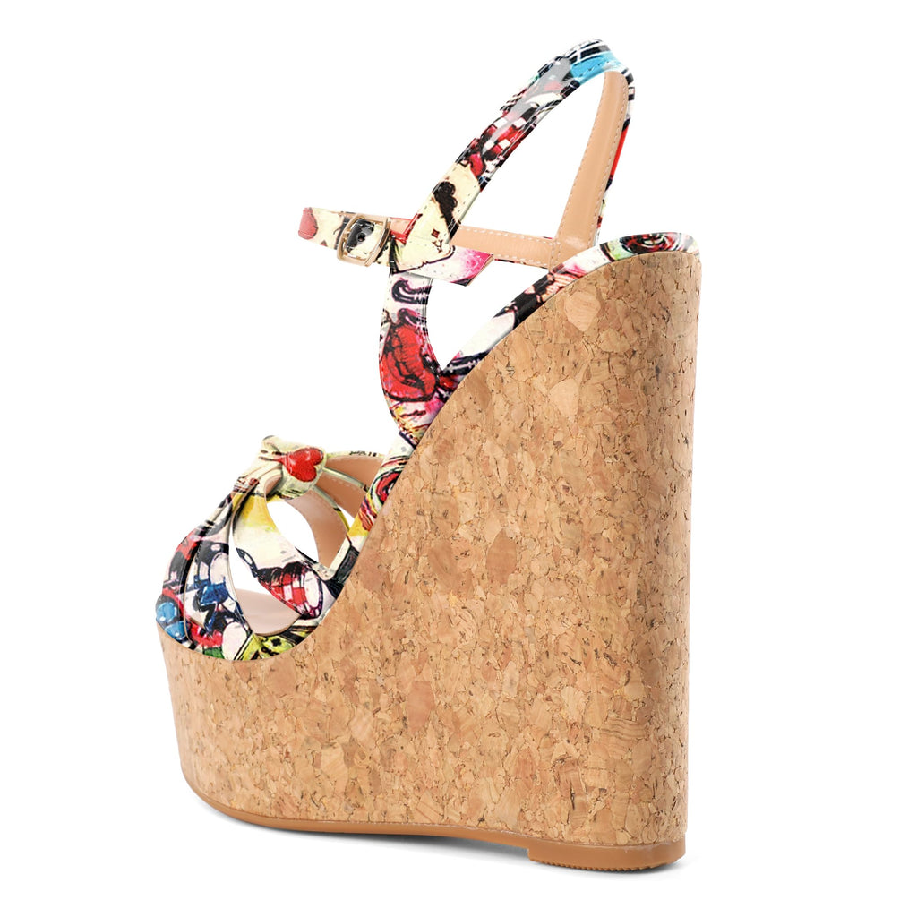 YODEKS Wedge Platform Sandals for Women High Heel Open Round Toe Wooden Heels Dress Shoes Patent Multi-Color