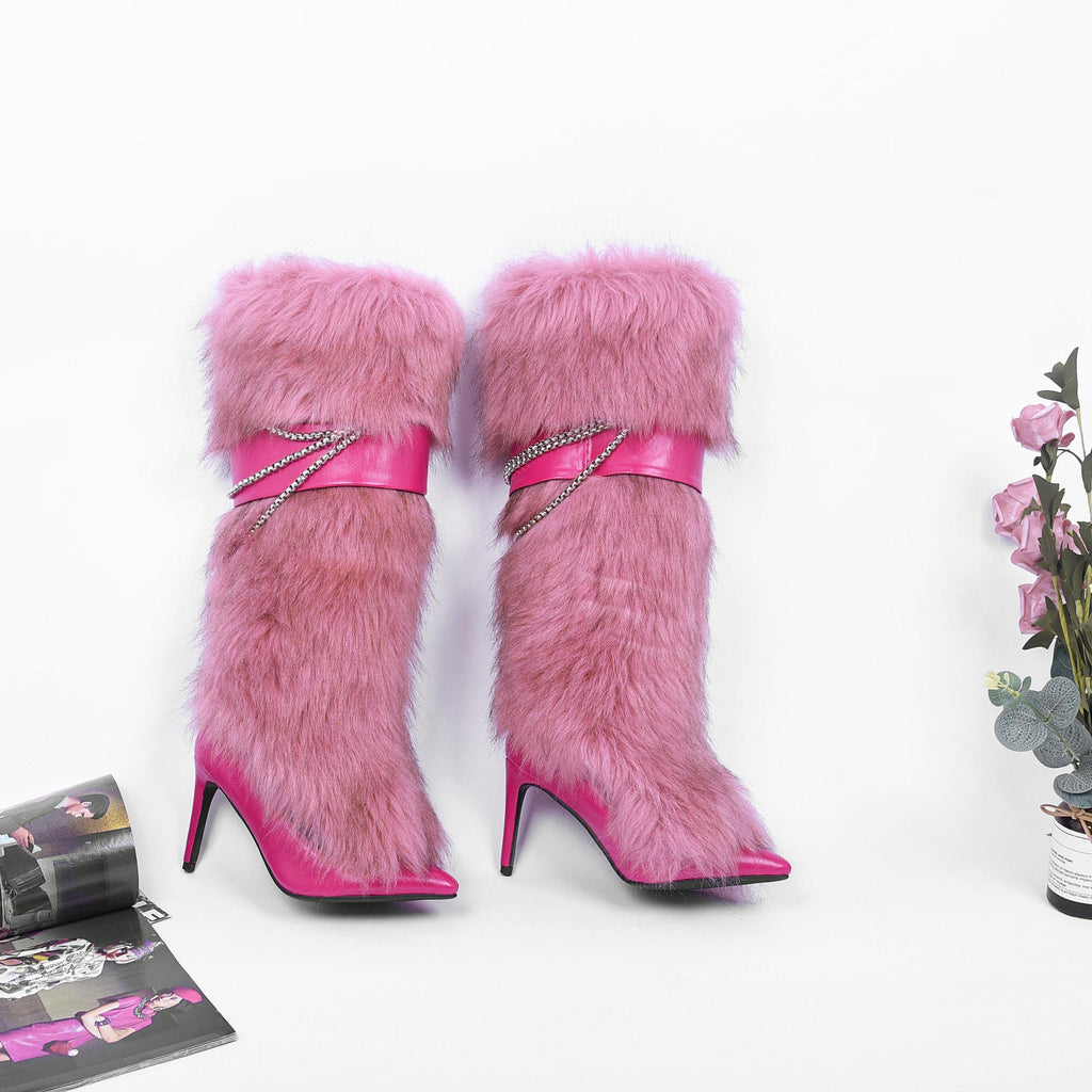 Ouwilov Women’s Pink Faux Fur High Heel Boots – Furry Heel Boots with Chain Detail Fuzzy Stiletto Heels Elegant Winter Fur Boot Heels for Parties Fashion Outfits and Cold Weather