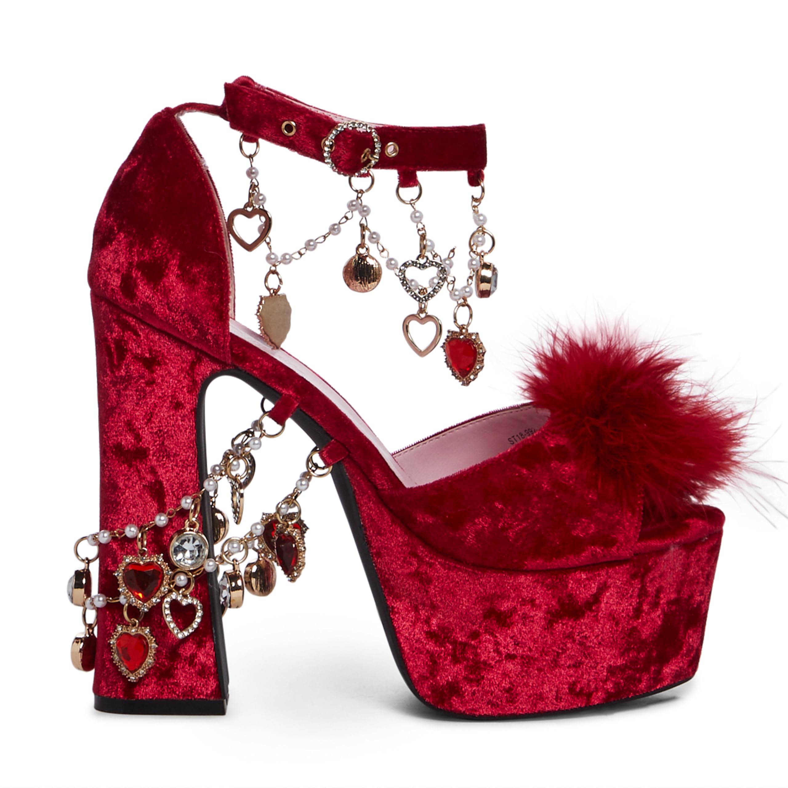 Dolls Kill Holy Revelation Platform Heels by Sugar Thrillz - Crushed Velvet Holiday Heels with Charms and Pom Pom Clips - Ruby, 10
