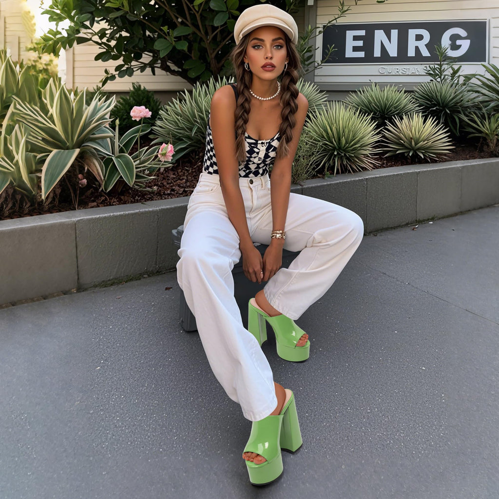 DEMOSHINE Grass Green Women's 6 Inch Platform Heels Slip On Mules Sandals Open Peep Toe Sexy Chunky High Block Heels for Club Party Dressy Shoes