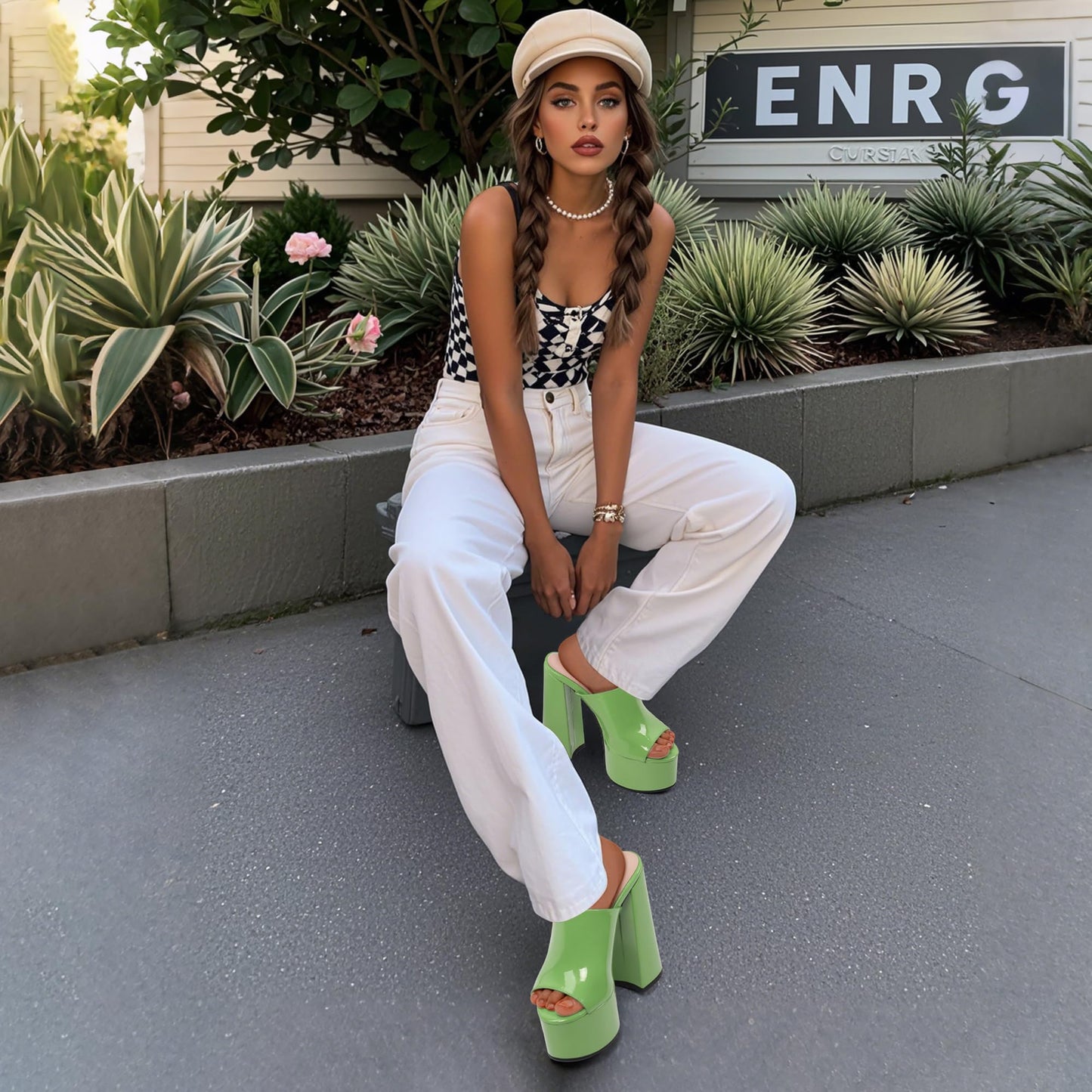 DEMOSHINE Grass Green Women's 6 Inch Platform Heels Slip On Mules Sandals Open Peep Toe Sexy Chunky High Block Heels for Club Party Dressy Shoes Size 9