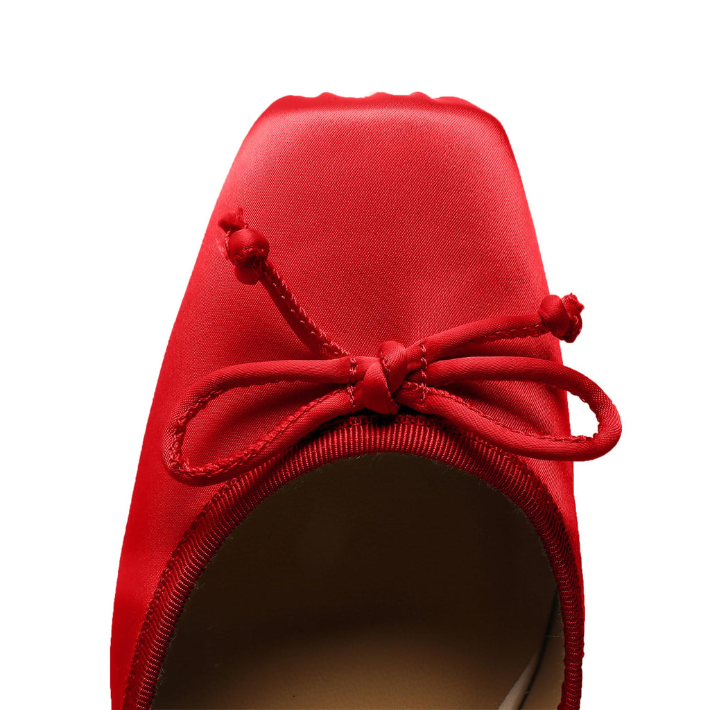 Riekhany Satin Ballet Heels for Women Closed Square Toe Bow Ballerina Heels Lace Up High Heel Slingback Pumps Strappy Stiletto Mary Janes Elegant Party Shoes Red