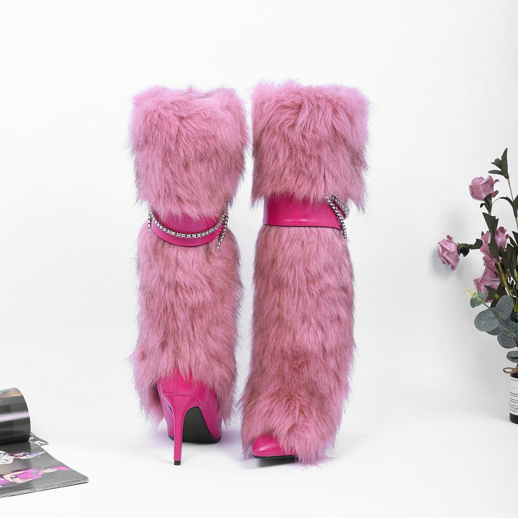 Ouwilov Women’s Pink Faux Fur High Heel Boots – Furry Heel Boots with Chain Detail Fuzzy Stiletto Heels Elegant Winter Fur Boot Heels for Parties Fashion Outfits and Cold Weather