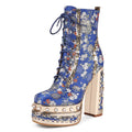 Feinlina Cowgirl Block Heel Ankle Platform Boots for Women Blue Embroidered Fabric Gemstones Closed Toe Dress Wedding Party Booties,Blue