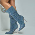 Women's Blue Denim Mid Calf Boots sparkly Rhinestone Stiletto Heel Boots Western Wide Calf Short Cowboy Boots Sexy Pointed Toe dress Party Boots