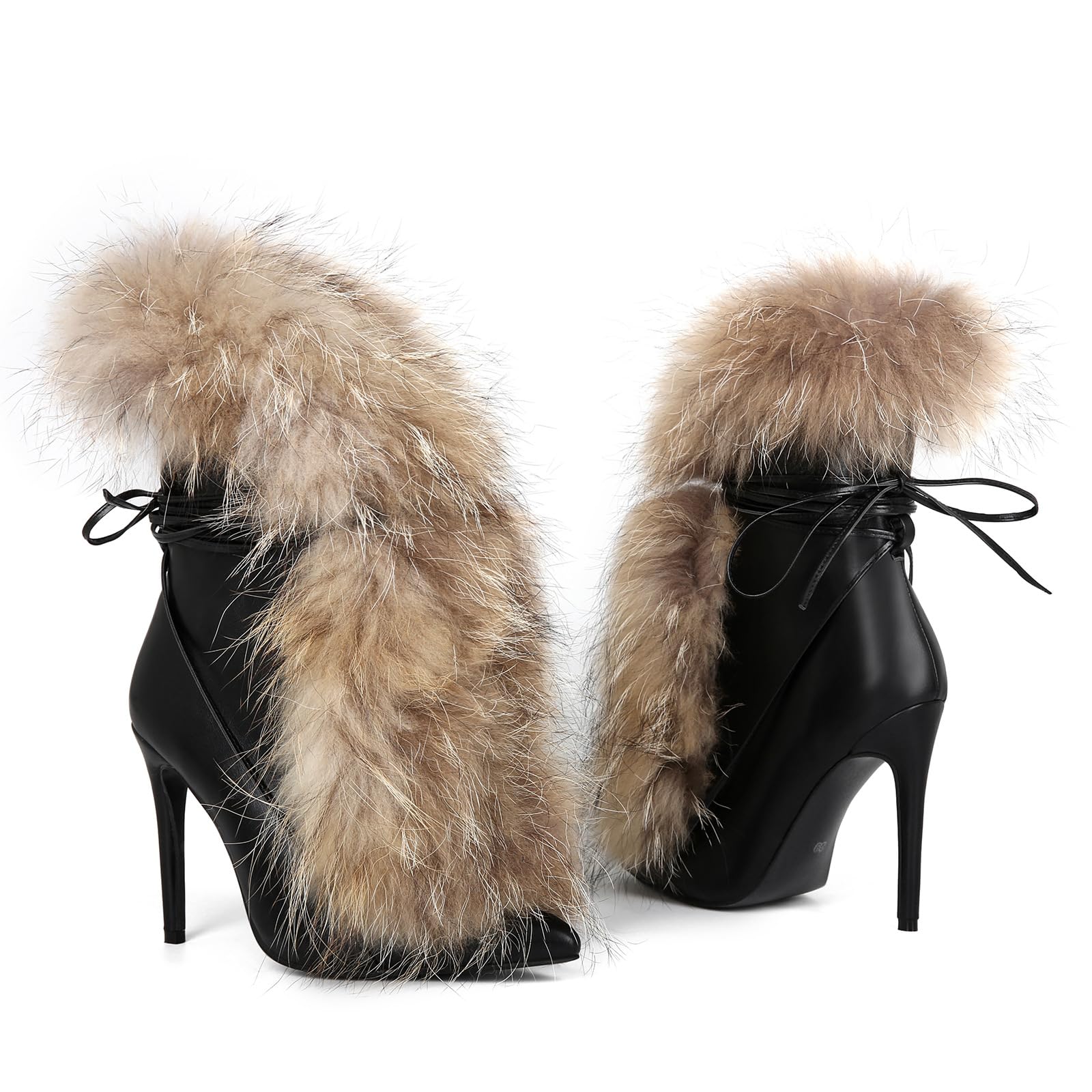 Maiosfy Furry Pointed Stiletto Heels with Straps Large Size Ankle Boots Heavy-Duty Soft Faux Fur Shoes Clubwear for Party Evening Footwear Unisex