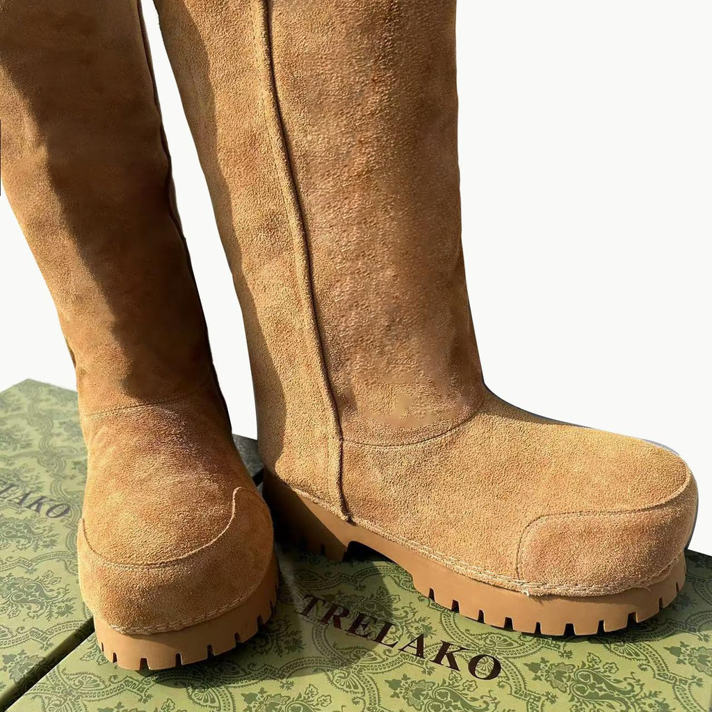 Suede Platform Snow Boots for Women Classic Fur Hippy Mid Calf Winter Boots Slip On High Boots Comfortable Chunky Trending Shoes Brown