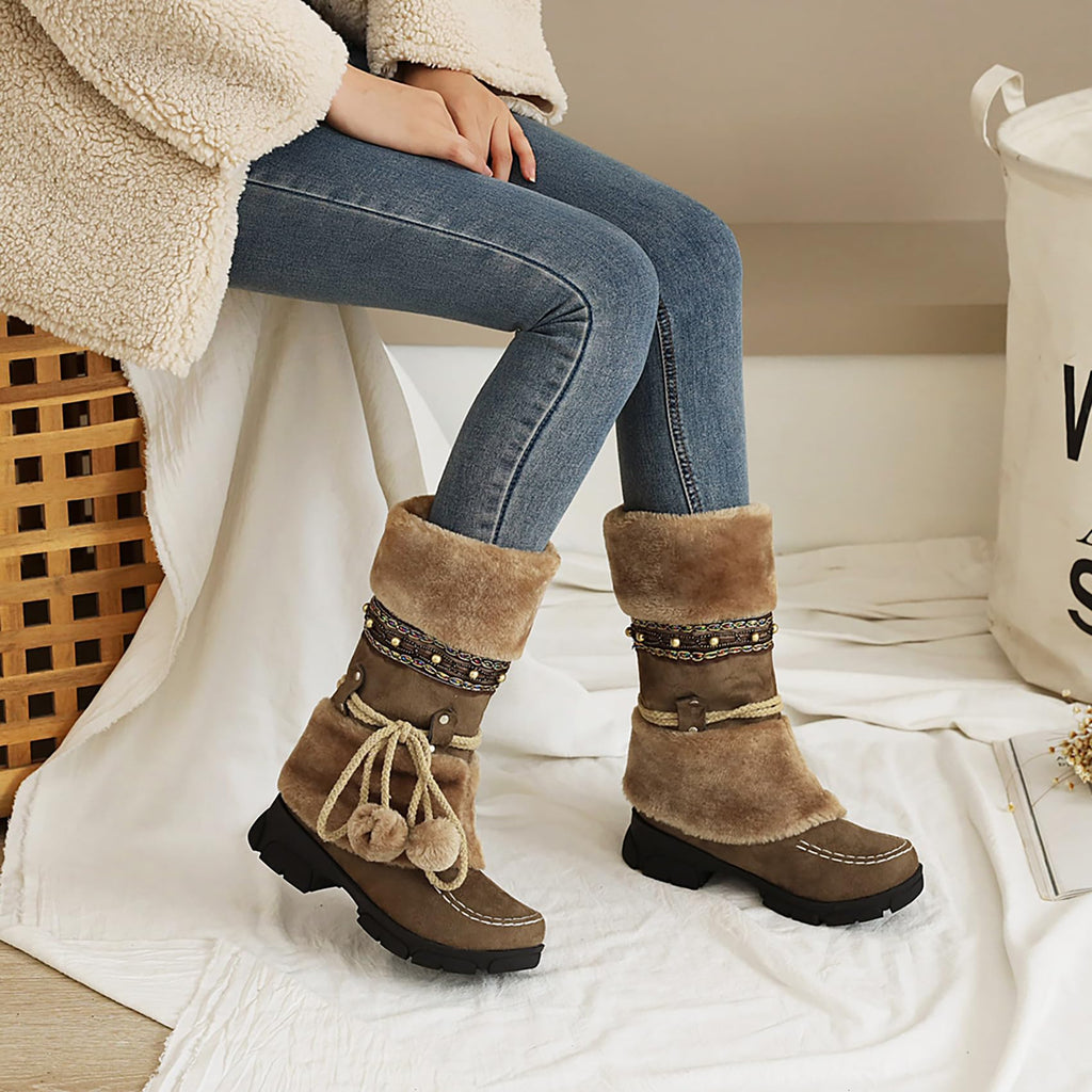 AIJIVOU Women's Mid-Calf Slip On Winter Snow Boots, Classic Round Toe Suede Faux Fur Cozy Warm Comfortable Winter Booties Low Heel Hairball Flat Soled Shoes (brown,8 M US)