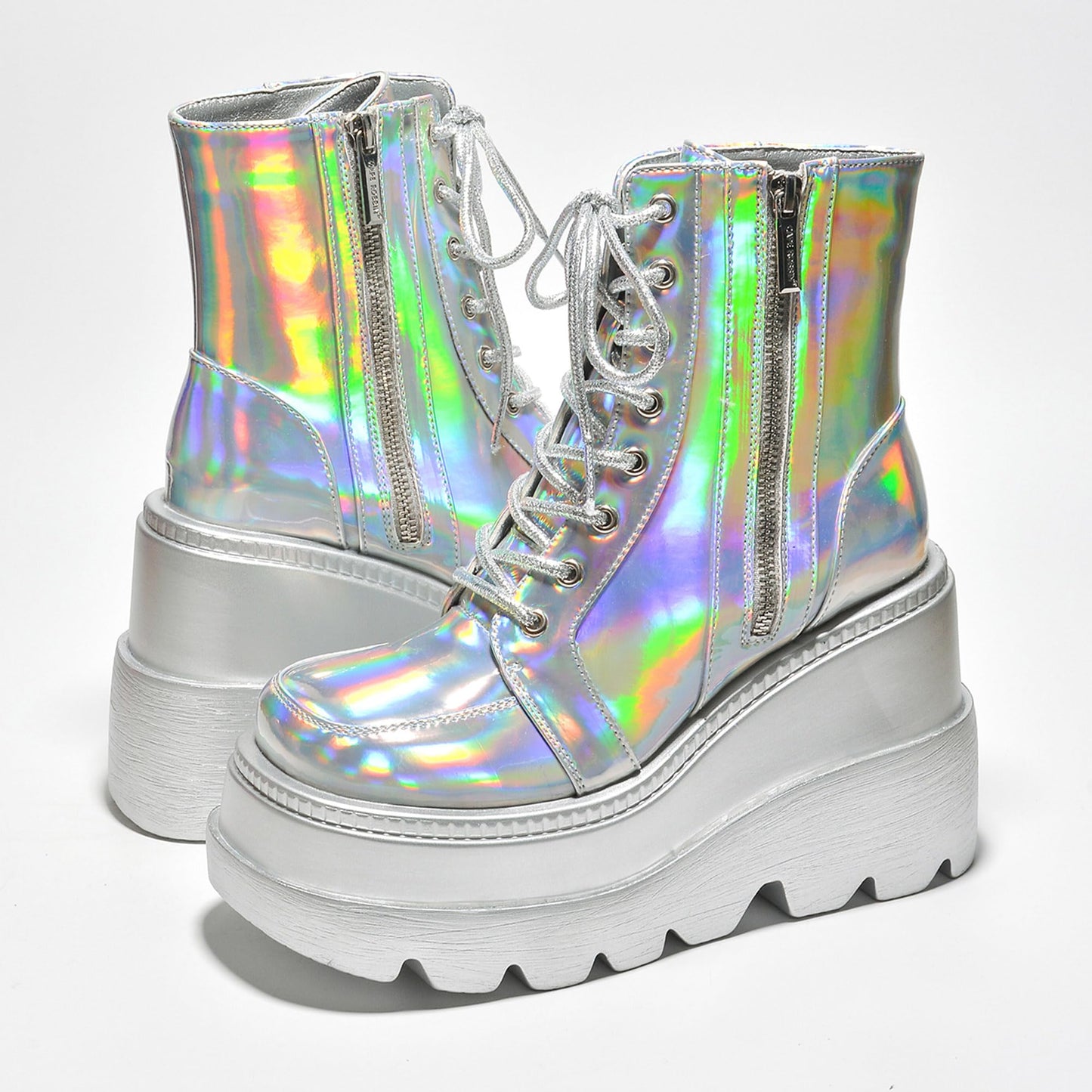 Cape Robbin Holographic Platform Ankle Boots for Women Chunky Block Heels Pointed Toe PU Leather with Buckle Strap Retro Futuristic Style (Radio) - Holographic Size 11