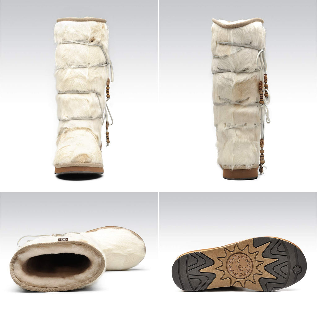 AUMU Womens Comfort Suede Fur Mid-calf Winter Boots White