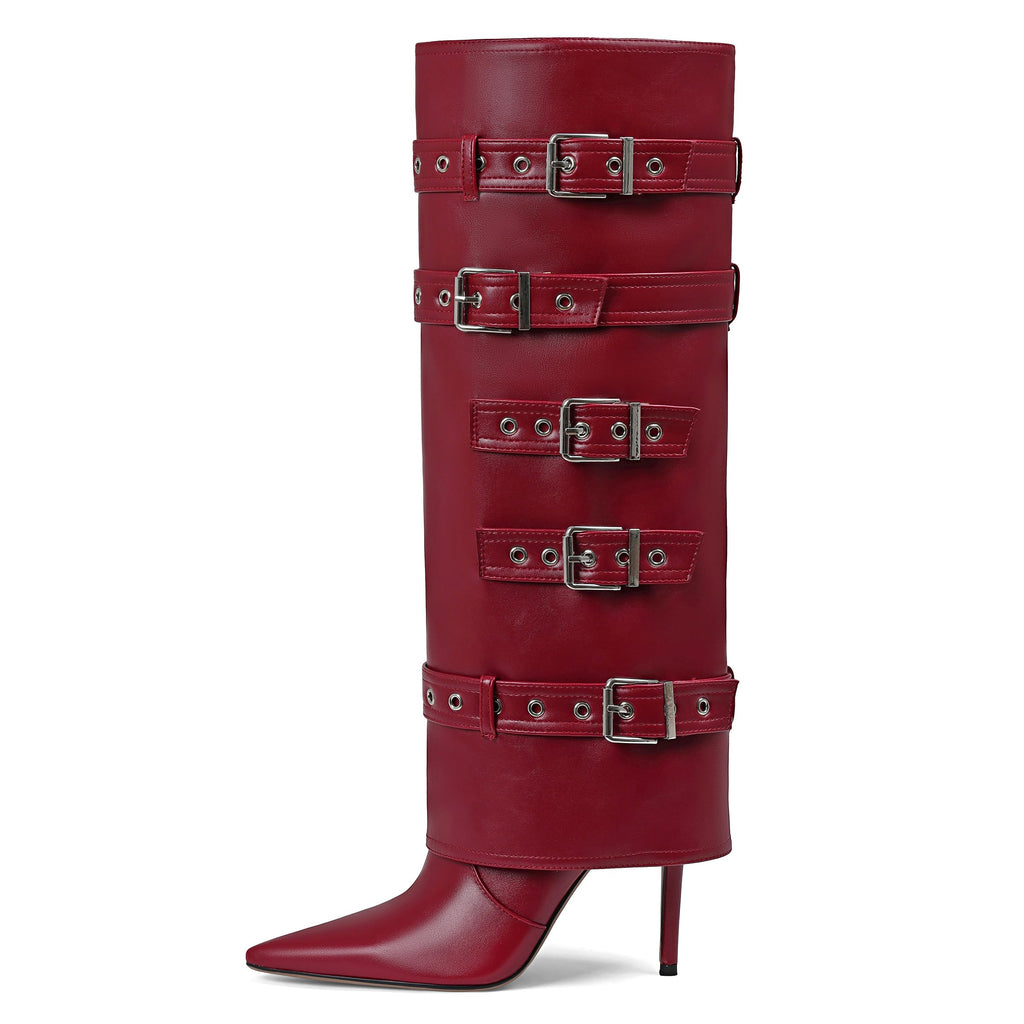 Grakihily Womens Red Boots Knee High Buckle Fold Over Tall Boots Leather Long Slouchy Shark Boot Pointed Toe Stiletto Heel with Zipper,Size, 8.5