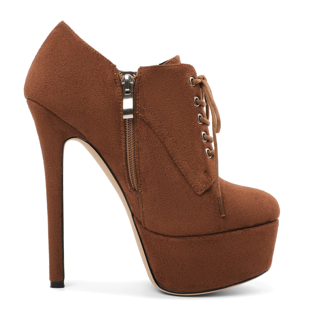 SAMMITOP Platform Ankle Boots for Women Sexy Stiletto Heels Sky High Heel Pump Lace up Zipper Round Toe Fashion Dress Shoes for Party Prom Event Suede Dark Brown US 9.5