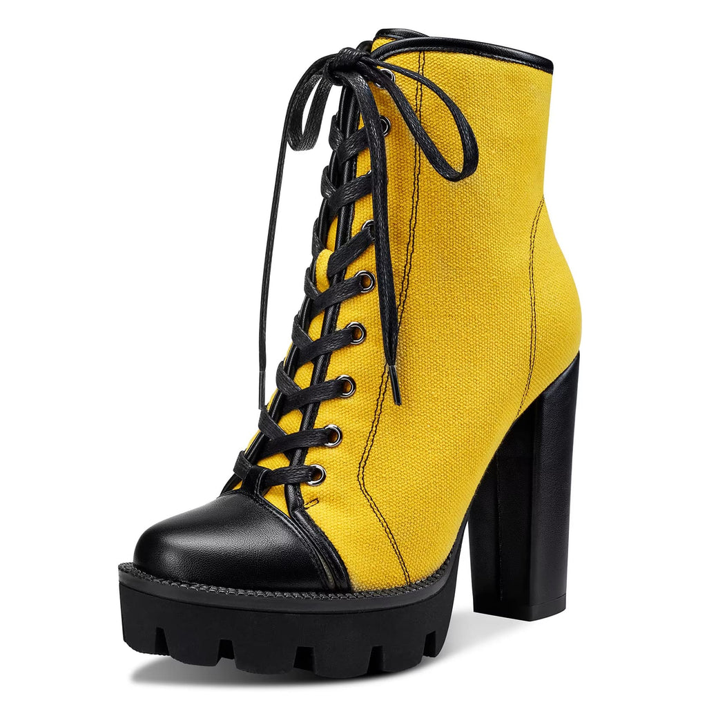 NobleOnly Women High Heel Platform Round Toe Ankle Boots Short Bootie Zipper Lace-up Riding Boots Classic Party Office 5.1 Inches Heels Yellow