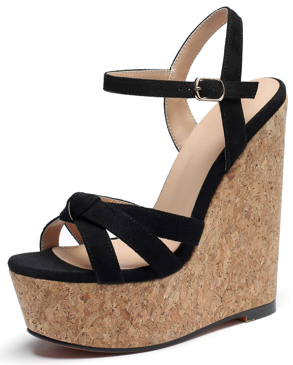 YODEKS High Heels Sandals for Women Wedge Wooden Heel Platform Open Toe Ankle Strap Fashion Comfort Black Suede Sandals