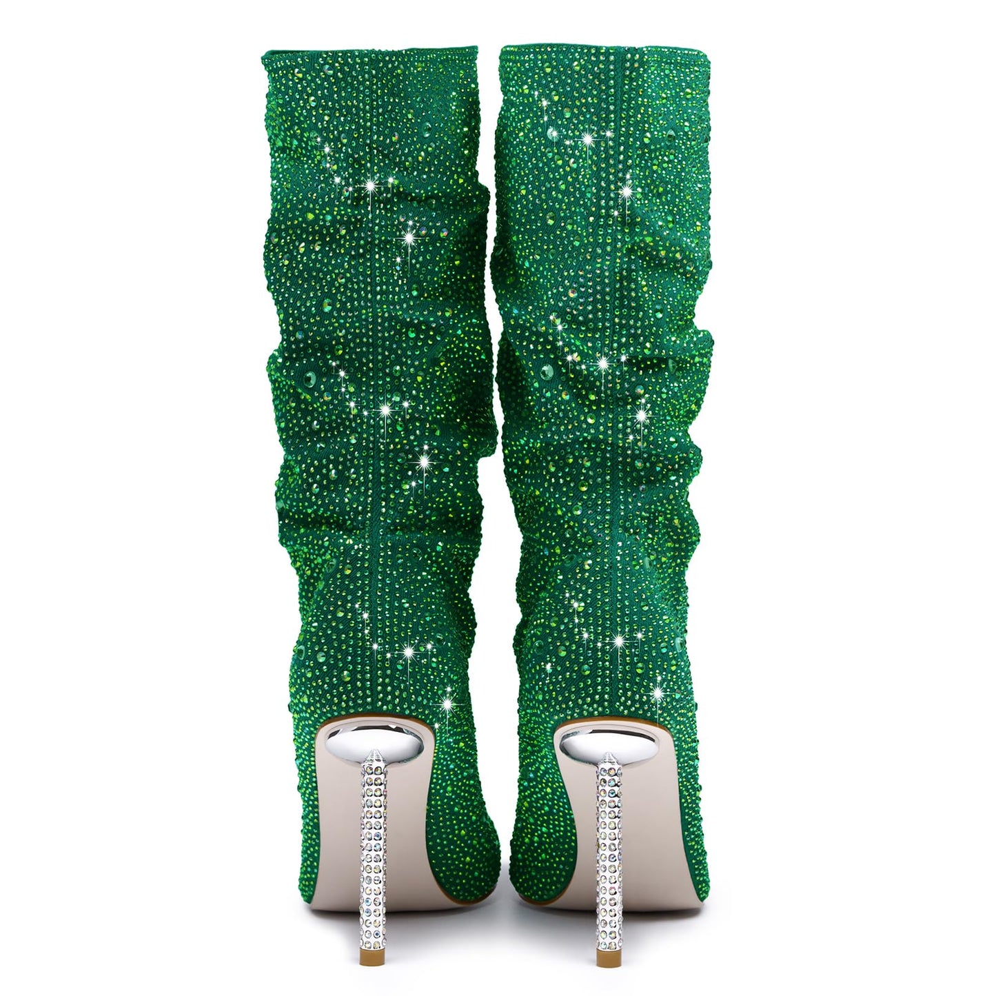 driceic Women's Green Mid Calf Boots sparkly Rhinestone Stiletto Heel Boots Western Wide Calf Short Cowboy Boots Sexy Pointed Toe dress Party Boots