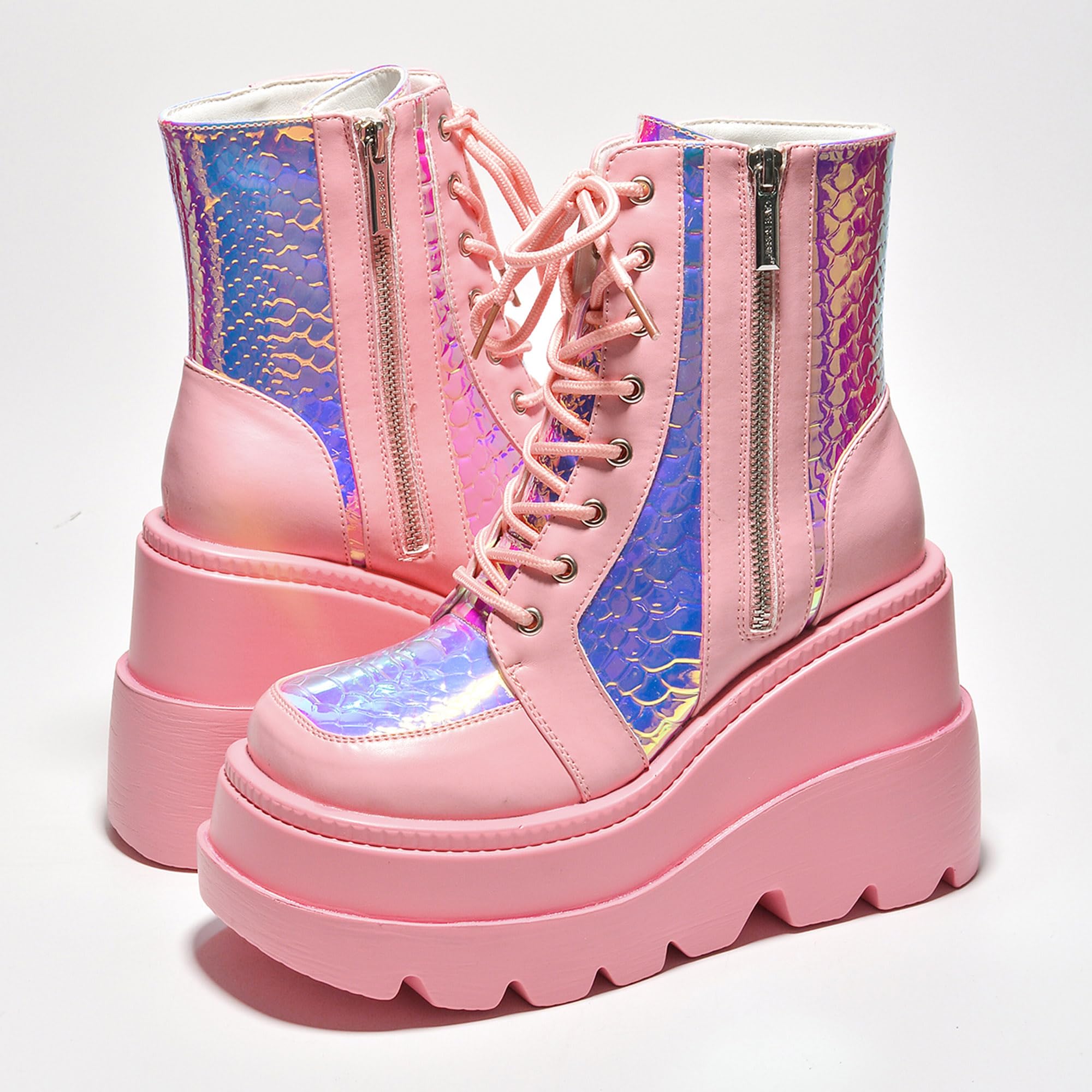 Cape Robbin Holographic Platform Ankle Boots for Women Chunky Block Heels Pointed Toe PU Leather with Buckle Strap Retro Futuristic Style (Radio) - Pink Size 9