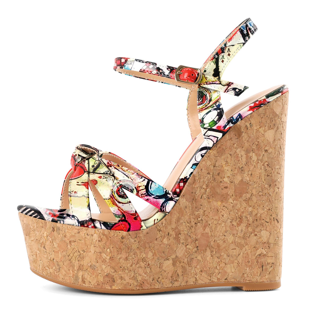 YODEKS Wedge Platform Sandals for Women High Heel Open Round Toe Wooden Heels Dress Shoes Patent Multi-Color