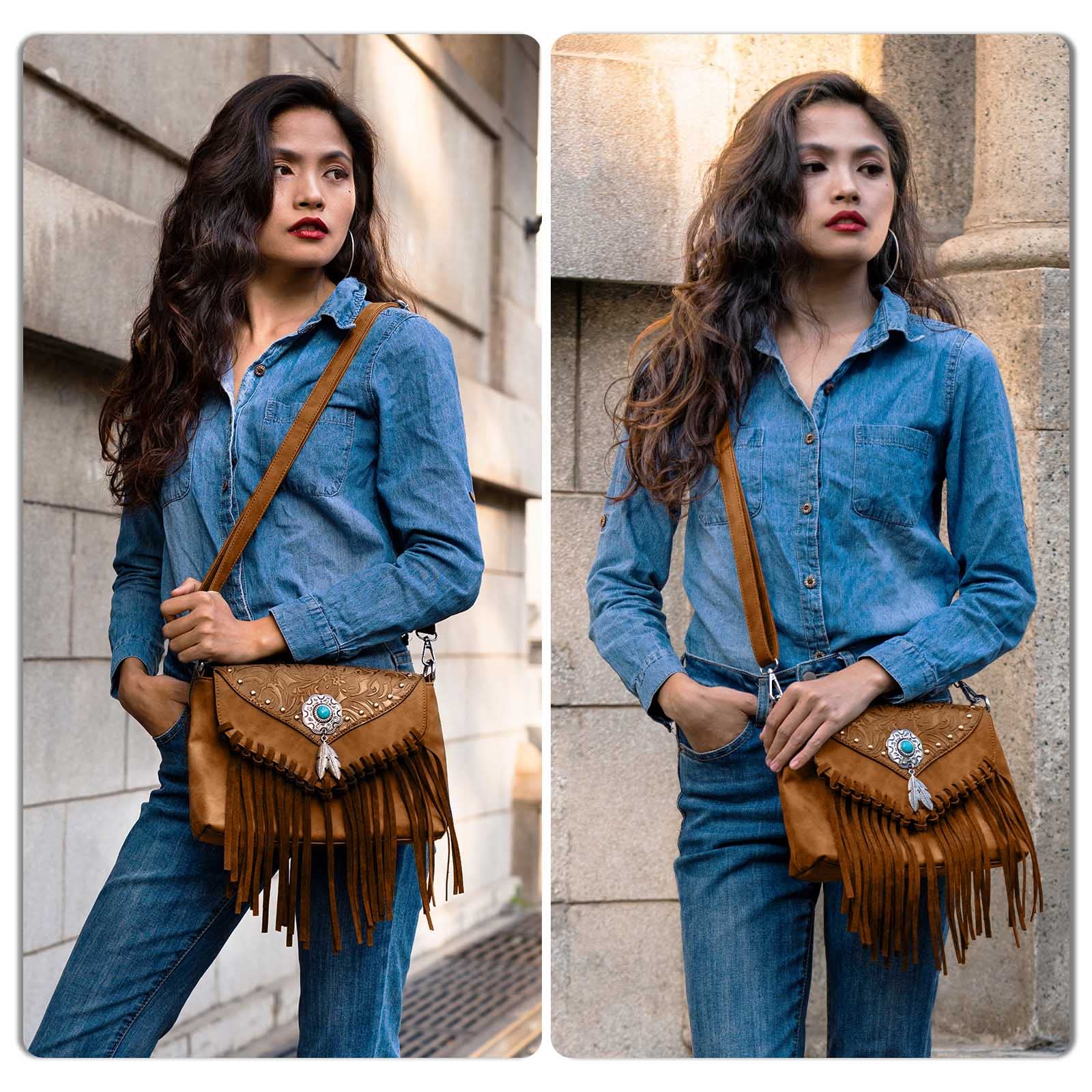 LAVAWA Small Crossbody Bags for Women Crossbody Handbag Fringe Purse Tassel Shoulder Bag Turquoise Concho Wallet